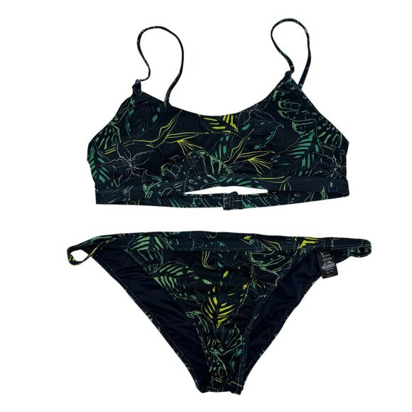 ARDENE *NEW* Ribbed Tropical Floral 2-piece Swim Suit Large XL Bikini Blue Green - Picture 1 of 3